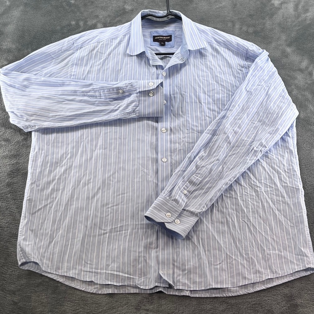 Johnston & Murphy Mens XL Blue White Striped Cotton Long Sleeve Button Down